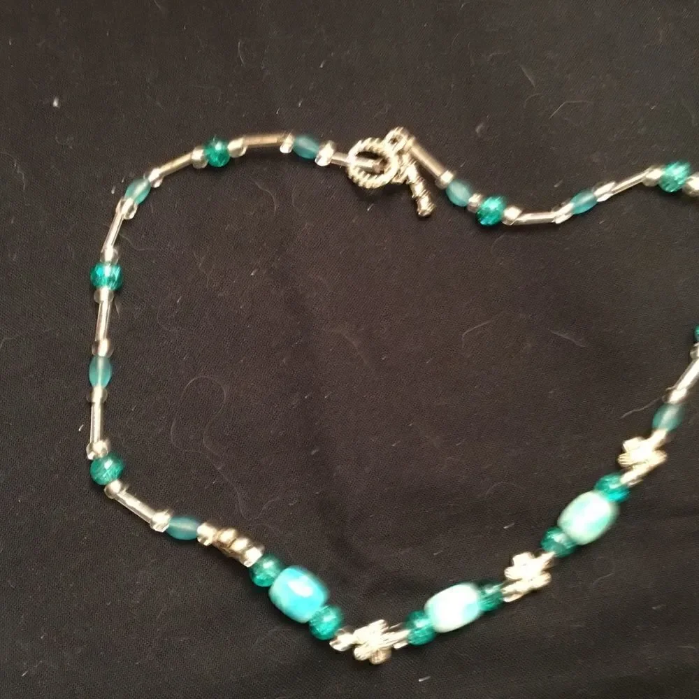 Silvertone Necklace with Clear and Aqua Beads